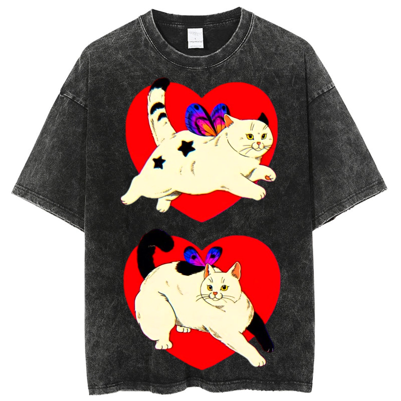 Heart Cat Solid Unisex Vintage Washed Tee