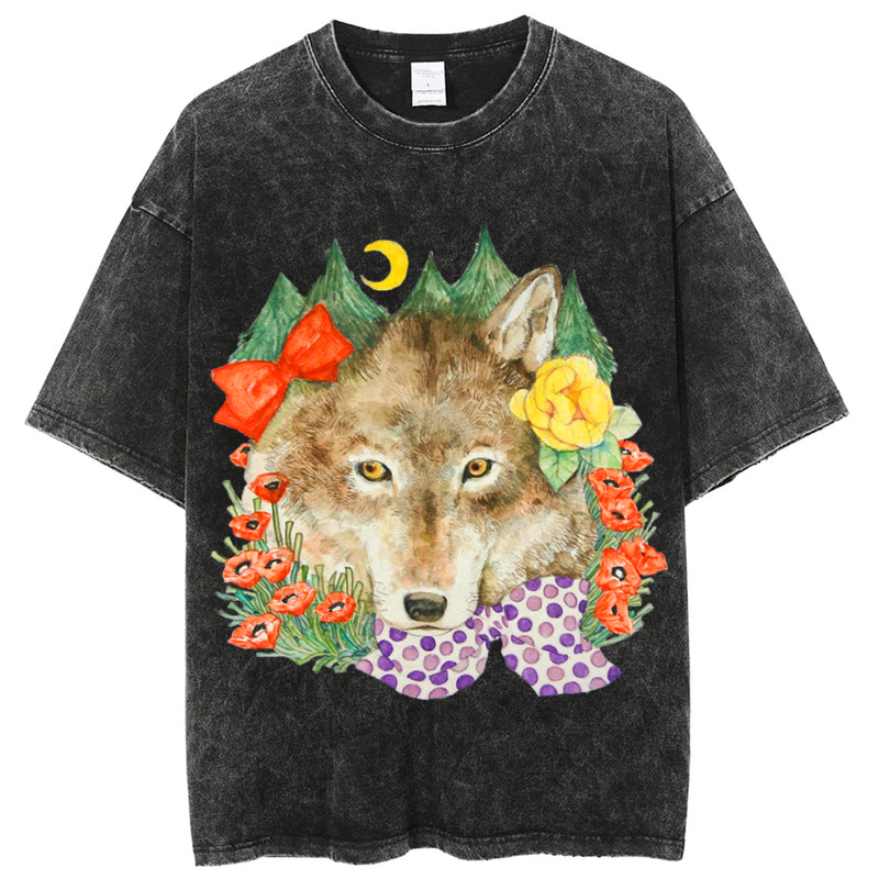 Flower Wolf Solid Unisex Vintage Washed Tee