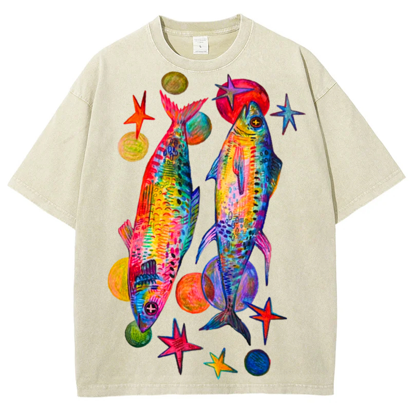 Two Colorful Fish Solid Unisex Vintage Washed Tee