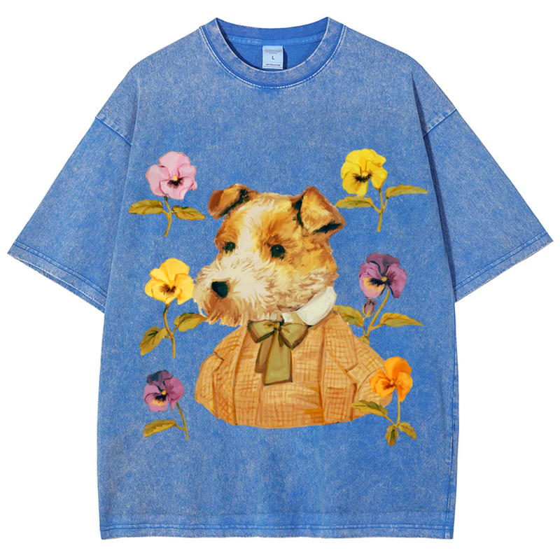 Dog with Flower Solid Unisex Vintage Washed Tee