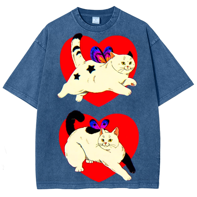 Heart Cat Solid Unisex Vintage Washed Tee