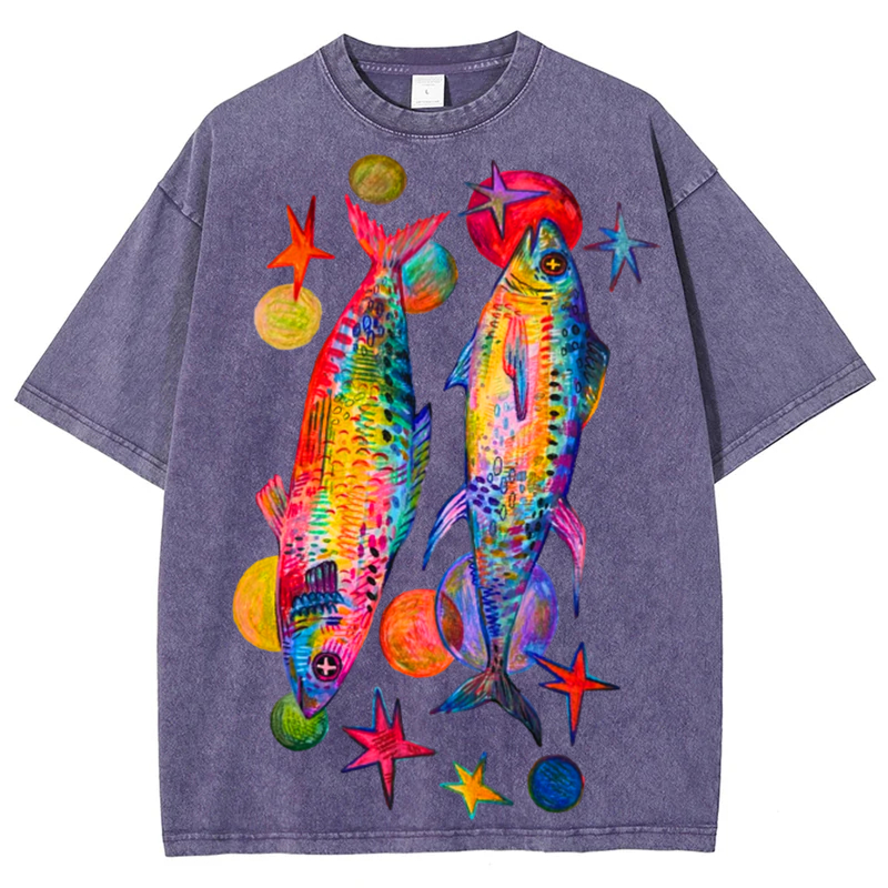 Two Colorful Fish Solid Unisex Vintage Washed Tee