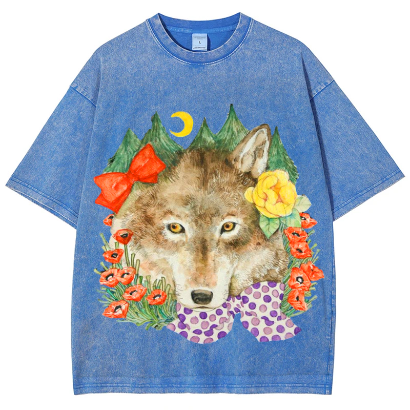 Flower Wolf Solid Unisex Vintage Washed Tee