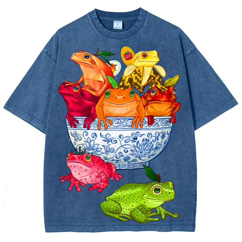Bowl Of Frogs Solid Unisex Vintage Washed Tee