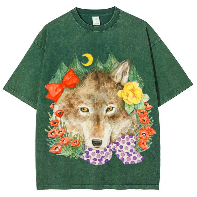 Flower Wolf Solid Unisex Vintage Washed Tee