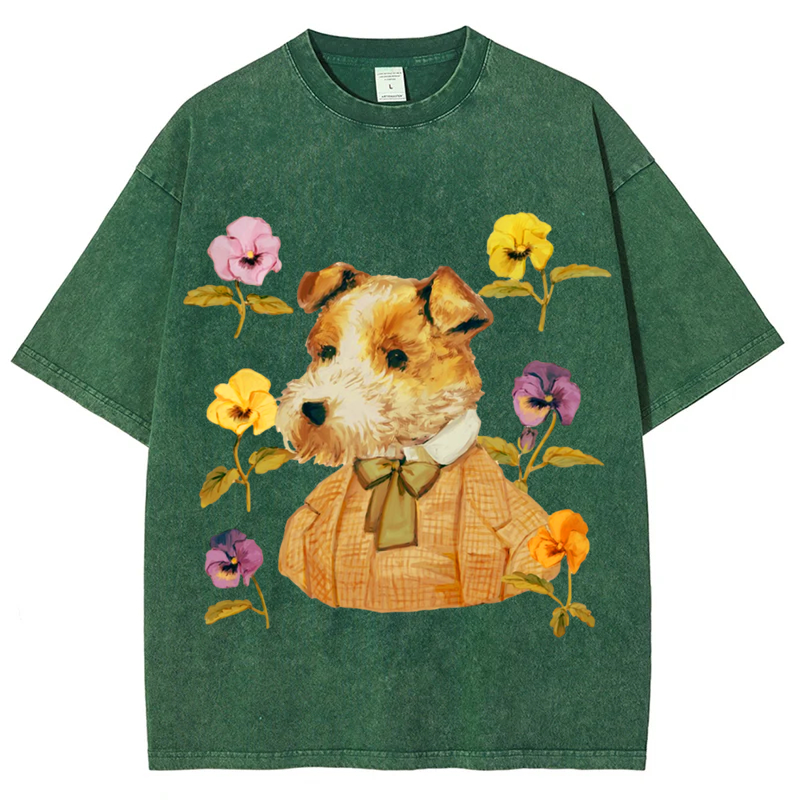 Dog with Flower Solid Unisex Vintage Washed Tee