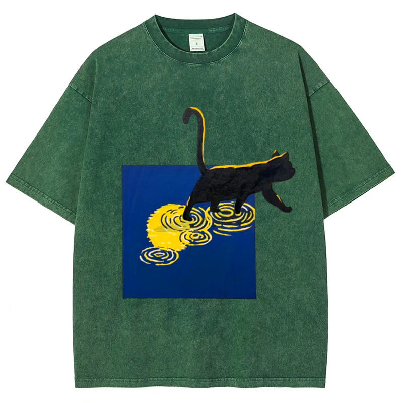 Night Cat Solid Unisex Vintage Washed Tee