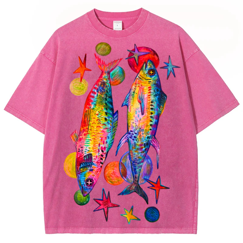 Two Colorful Fish Solid Unisex Vintage Washed Tee