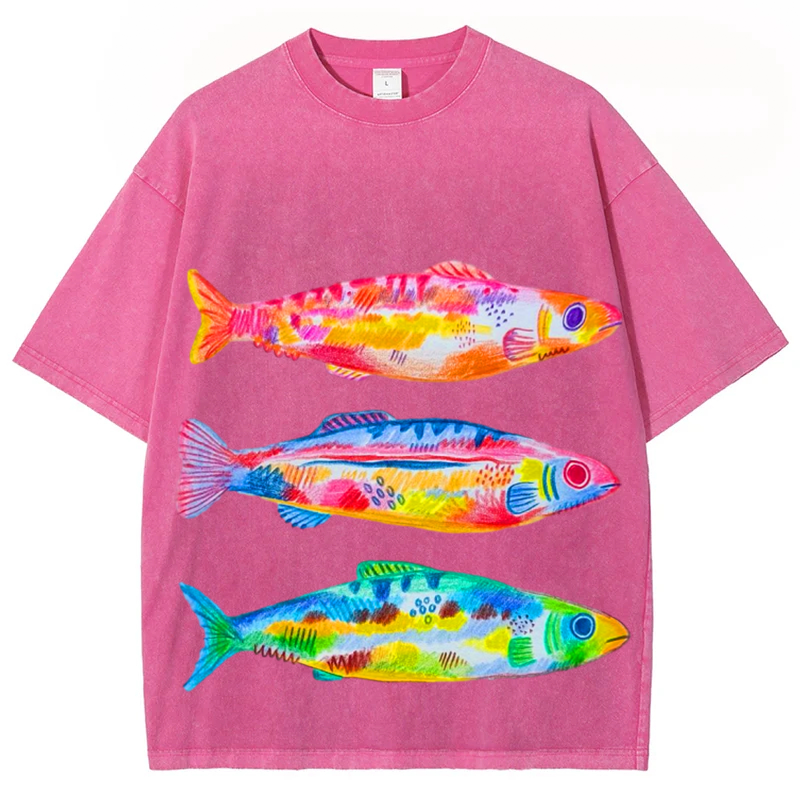 Colorful Fishes Solid Unisex Vintage Washed Tee