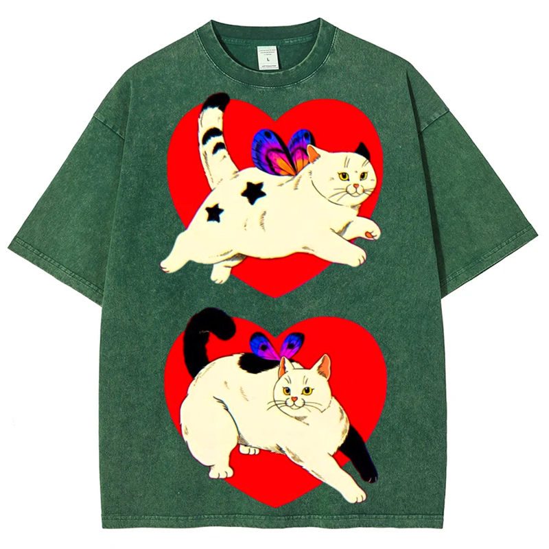 Heart Cat Solid Unisex Vintage Washed Tee