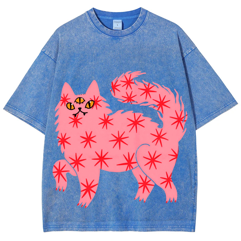 Three Eyes Cat Solid Unisex Vintage Washed Tee