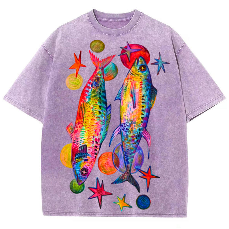 Two Colorful Fish Solid Unisex Vintage Washed Tee
