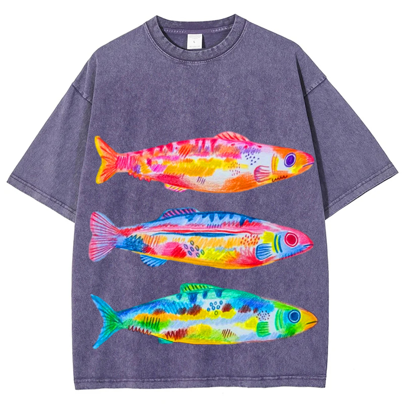 Colorful Fishes Solid Unisex Vintage Washed Tee