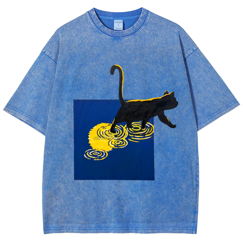 Night Cat Solid Unisex Vintage Washed Tee
