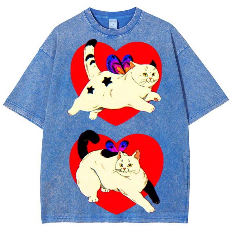 Heart Cat Solid Unisex Vintage Washed Tee