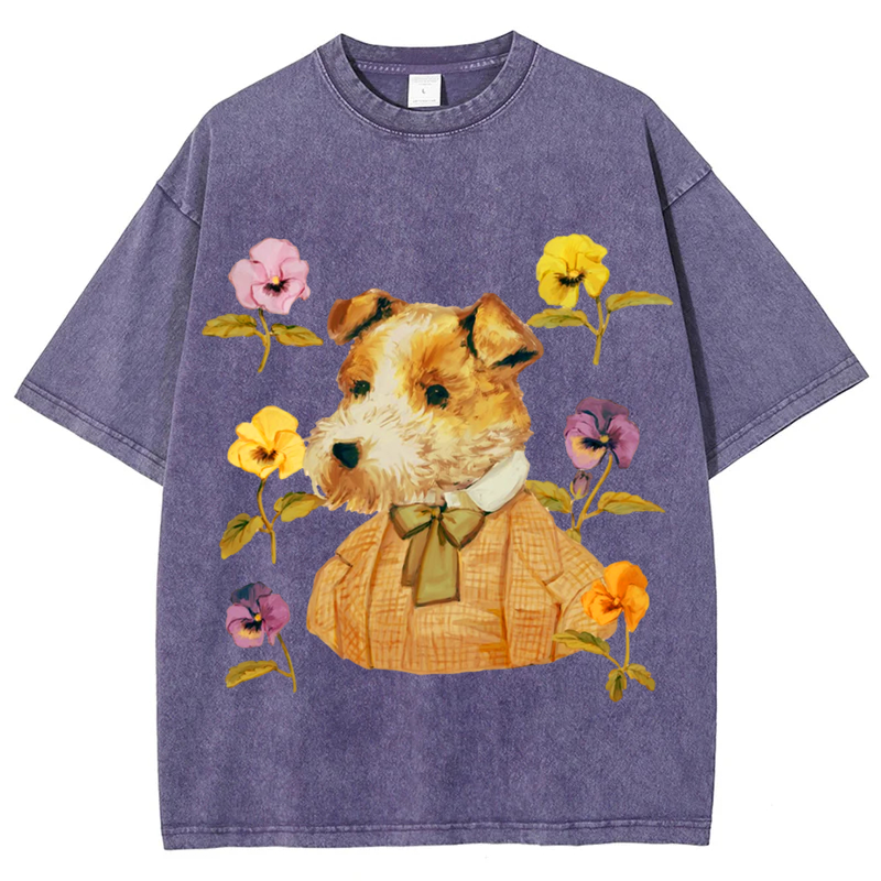 Dog with Flower Solid Unisex Vintage Washed Tee