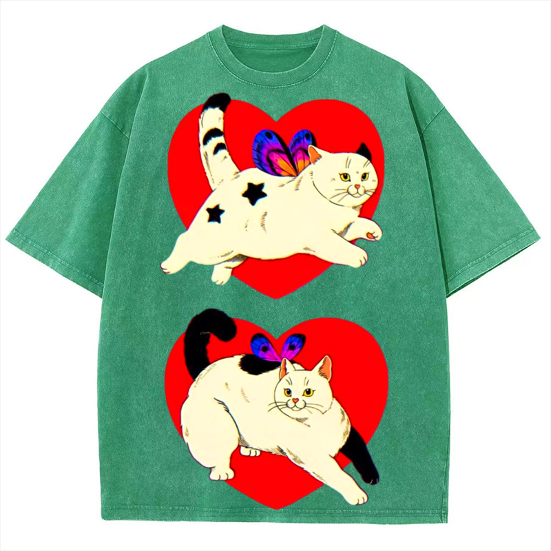 Heart Cat Solid Unisex Vintage Washed Tee