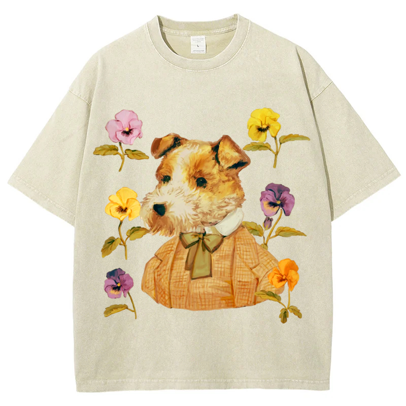 Dog with Flower Solid Unisex Vintage Washed Tee