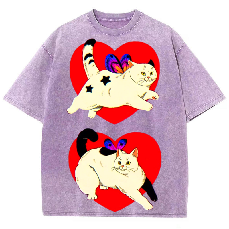 Heart Cat Solid Unisex Vintage Washed Tee
