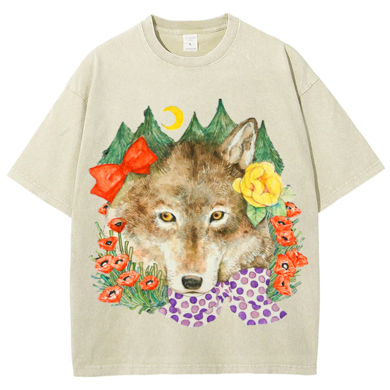 Flower Wolf Solid Unisex Vintage Washed Tee