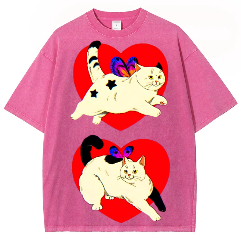 Heart Cat Solid Unisex Vintage Washed Tee