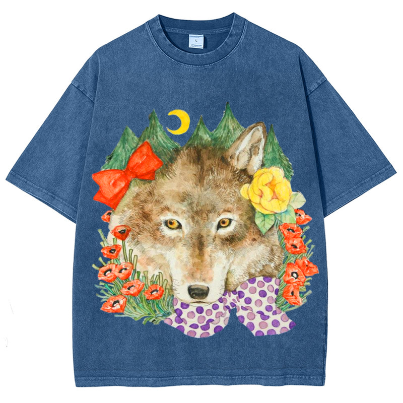 Flower Wolf Solid Unisex Vintage Washed Tee