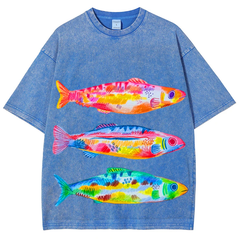 Colorful Fishes Solid Unisex Vintage Washed Tee