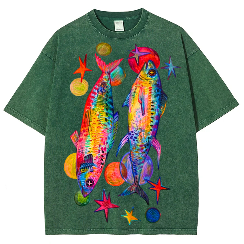 Two Colorful Fish Solid Unisex Vintage Washed Tee