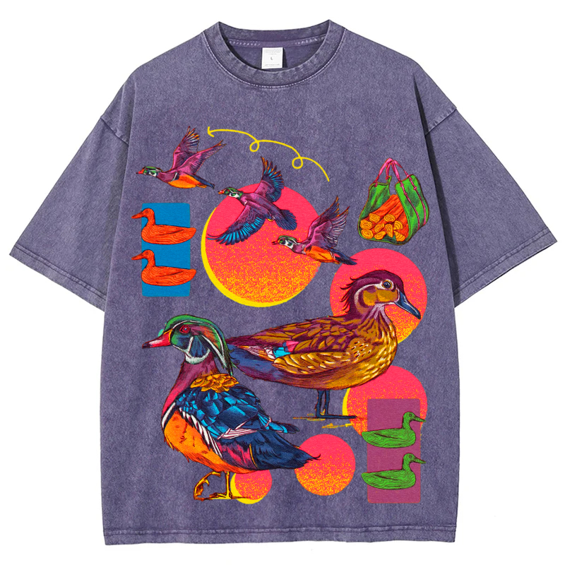 Colorful Birds Solid Unisex Vintage Washed Tee