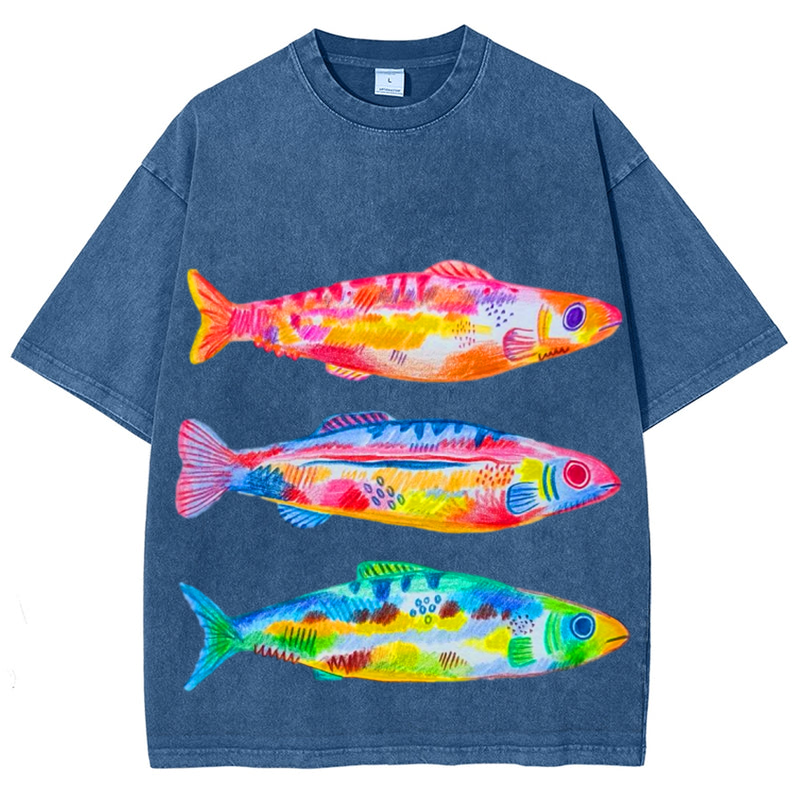 Colorful Fishes Solid Unisex Vintage Washed Tee