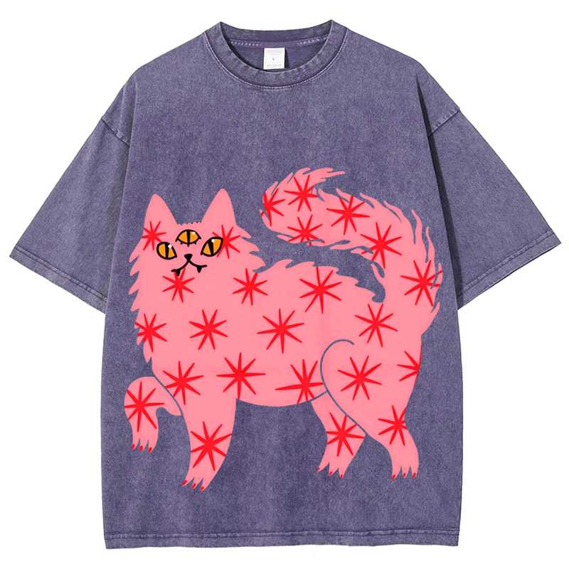 Three Eyes Cat Solid Unisex Vintage Washed Tee