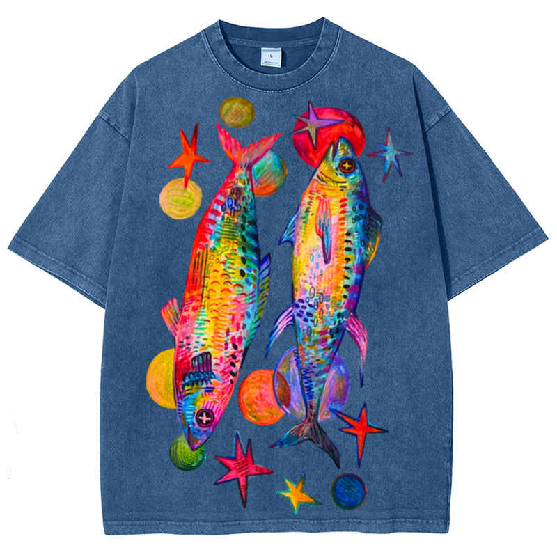 Two Colorful Fish Solid Unisex Vintage Washed Tee