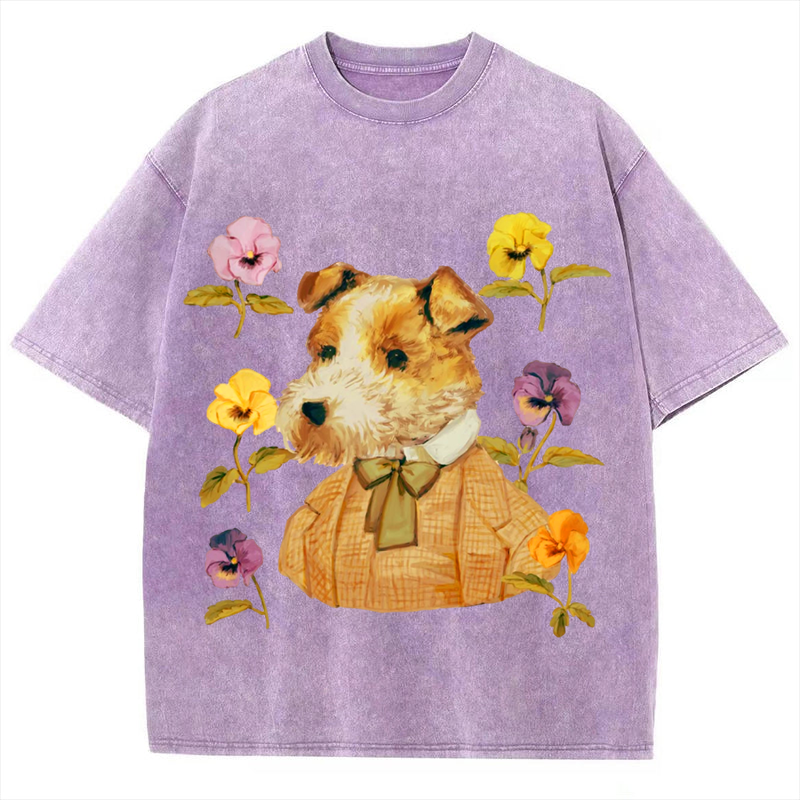 Dog with Flower Solid Unisex Vintage Washed Tee