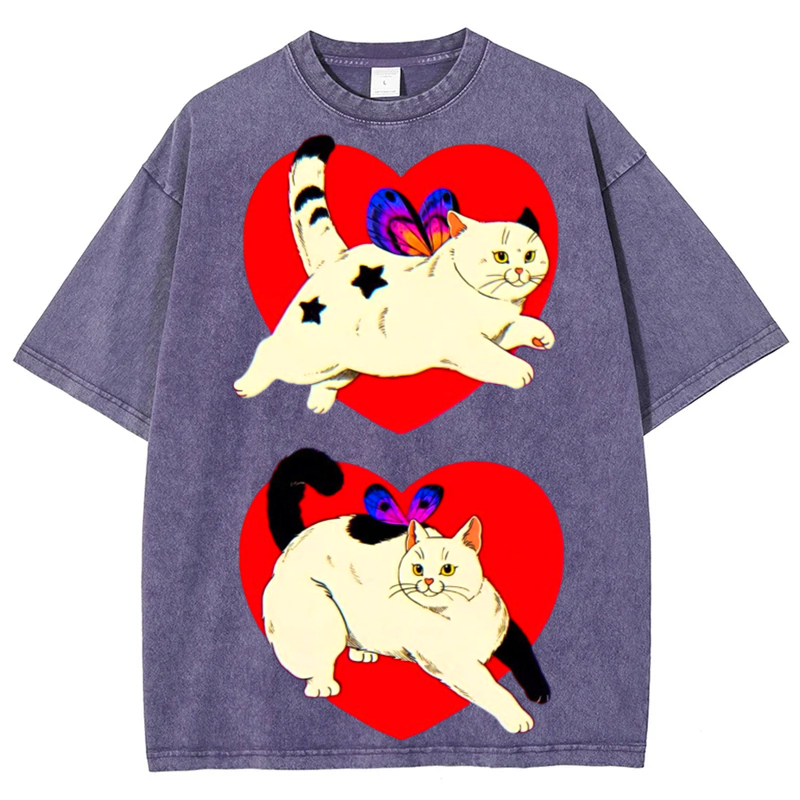 Heart Cat Solid Unisex Vintage Washed Tee