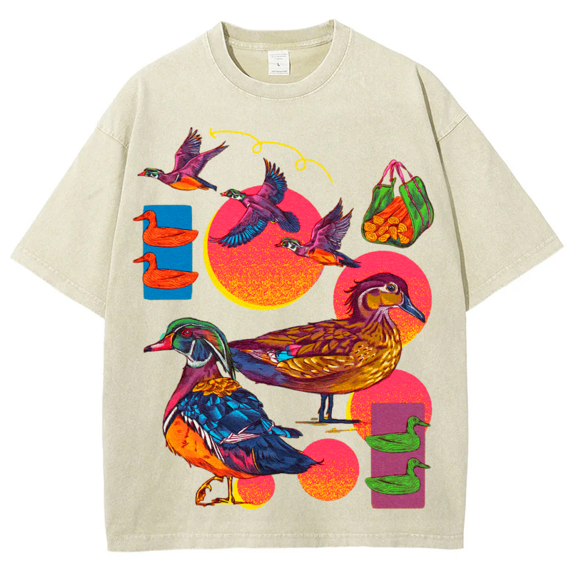 Colorful Birds Solid Unisex Vintage Washed Tee