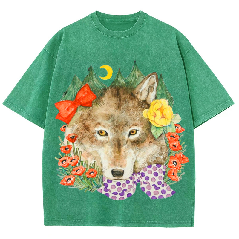 Flower Wolf Solid Unisex Vintage Washed Tee