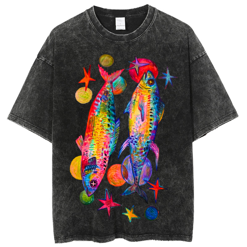 Two Colorful Fish Solid Unisex Vintage Washed Tee
