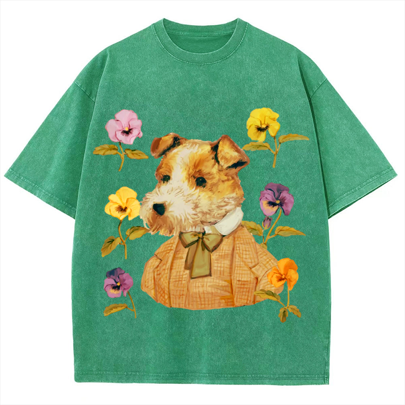 Dog with Flower Solid Unisex Vintage Washed Tee