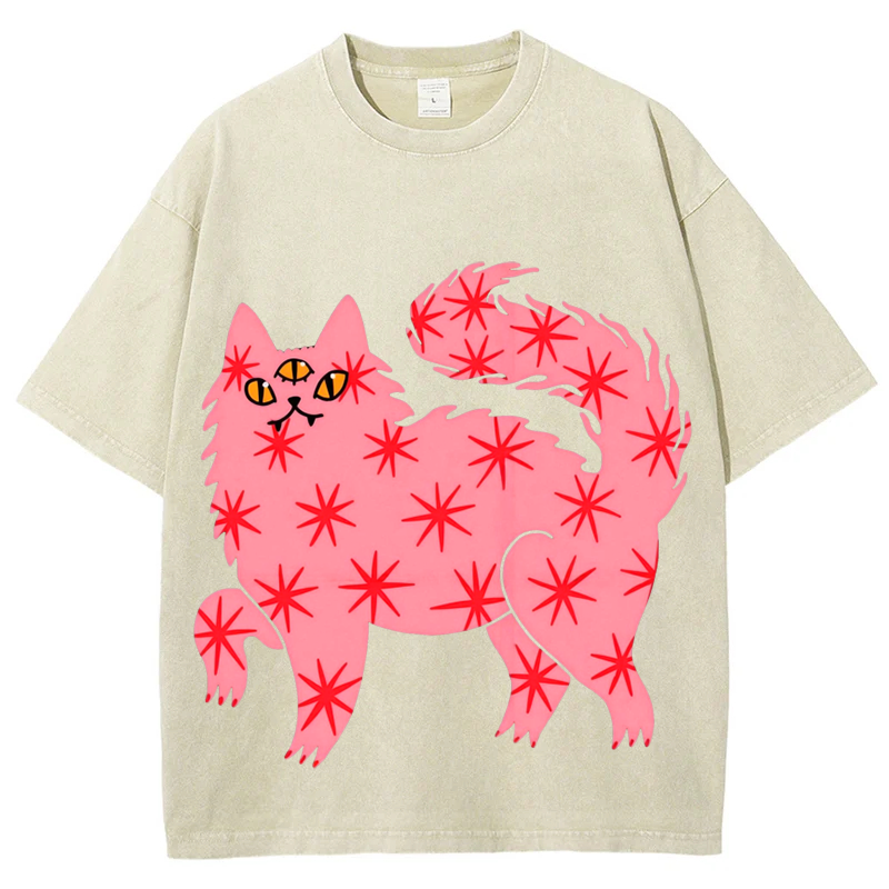 Three Eyes Cat Solid Unisex Vintage Washed Tee