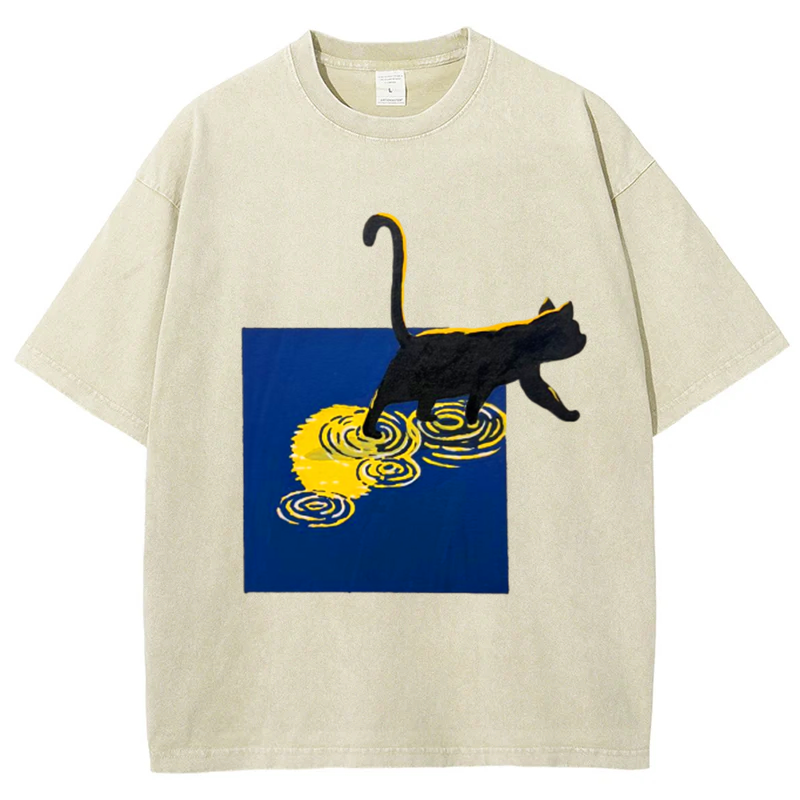 Night Cat Solid Unisex Vintage Washed Tee